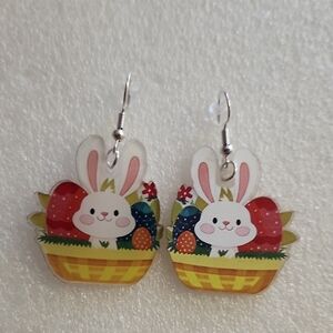 Hand Crafted White Bunny Easter Basket Earrings